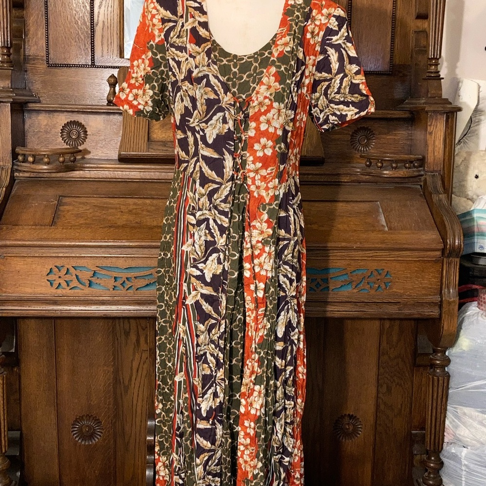 Vintage Floral Patchwork 100% 90s rayon boho earthy Maxi Dress shoulder pads 14